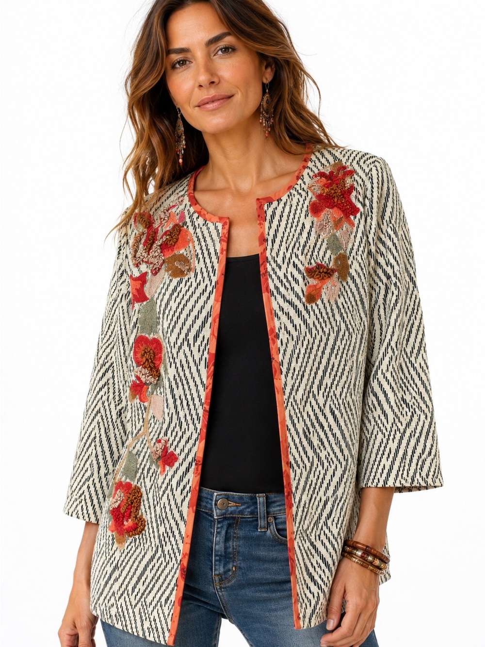 Boho Embroidered Floral Applique Open Front Jacket Blazer Women’s M 3/4 Sleeve